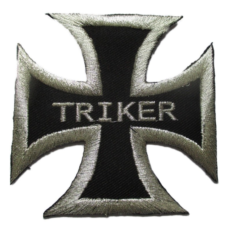 Patch croix de Malte triker noir et argent 8x8 cm écusson thermocollant
