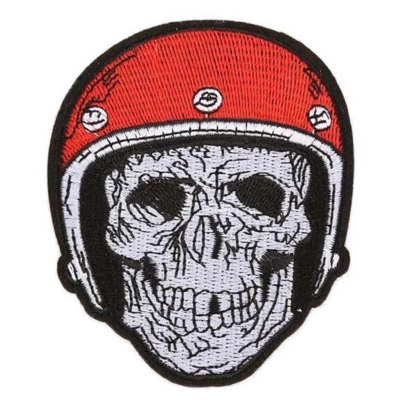 Patch tête de mort casque rouge 10x8cm écusson thermocollant motard

