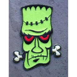 Patch Frankenstein Grün, rote Augen, Knochen, Rockabilly
