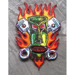 Patch Tiki Vert, Flammes et Pistons - Écusson Hot Rod Kustom
