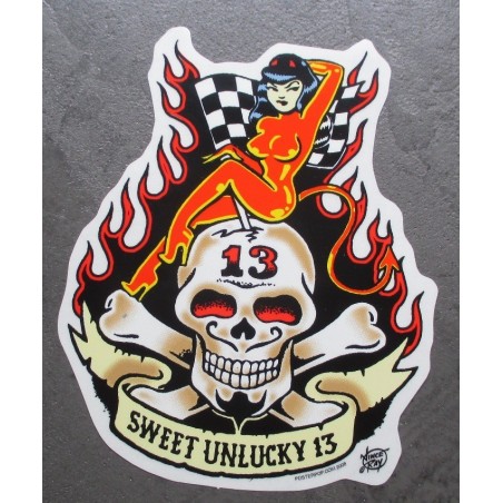 Sticker Pin Up Teufelin Totenkopf Sweet Unlucky 13 Aufkleber

