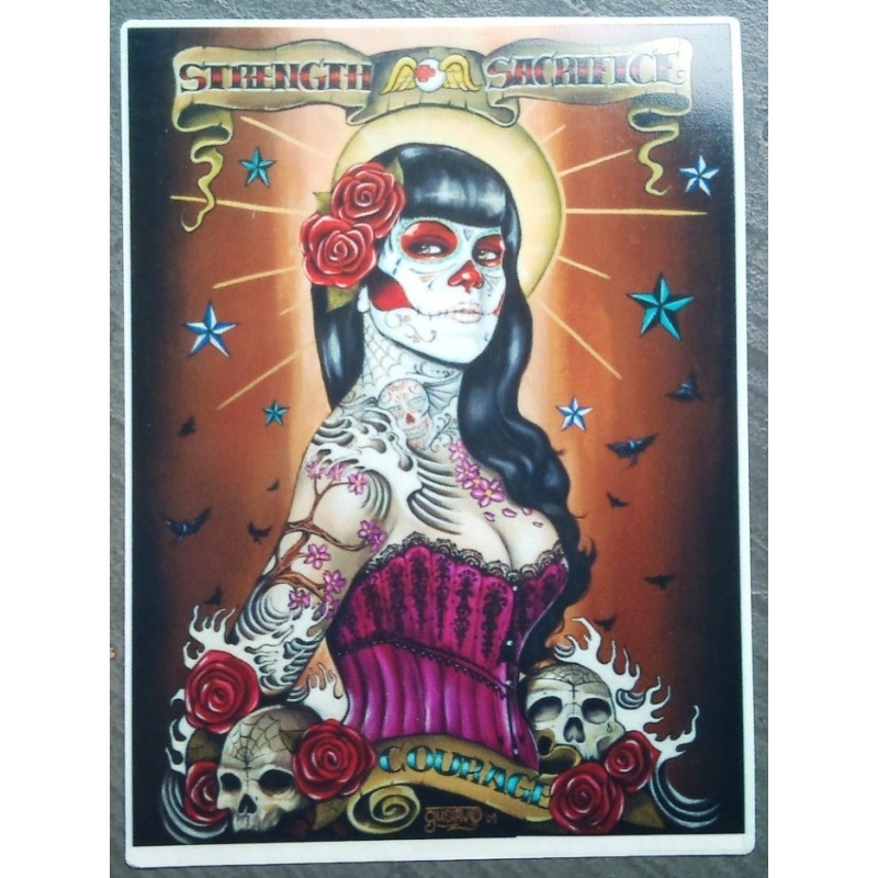 Sticker Pin Up Tod im Rosen-Bustier Rockabilly Aufkleber
