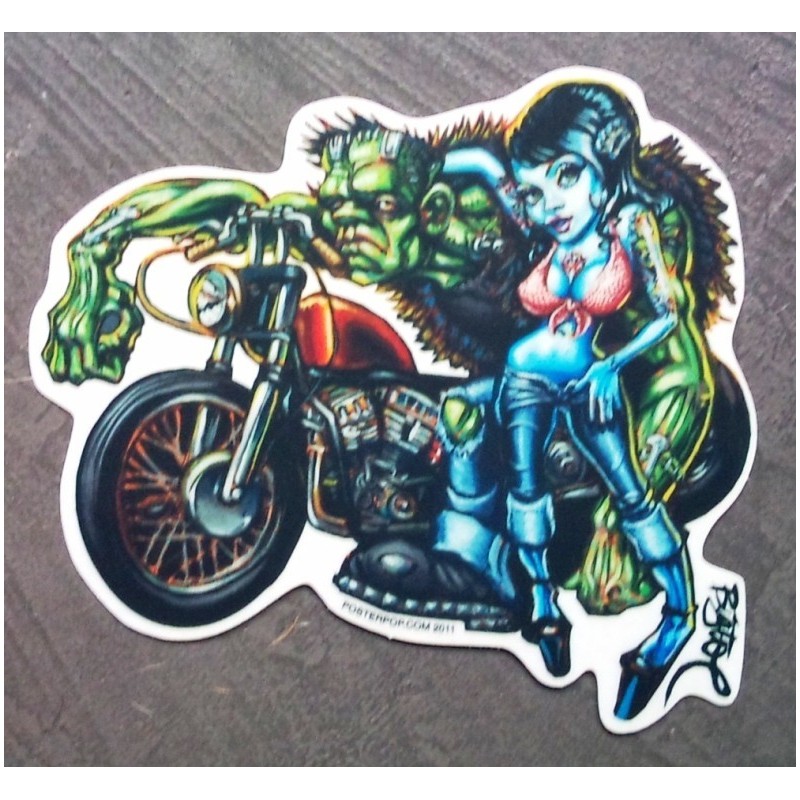 Sticker Pin-Up + Frankenstein et Moto - Autocollant Rockabilly
