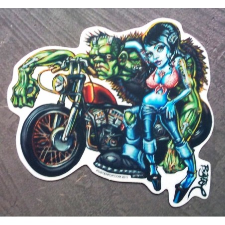 Sticker Pin-Up + Frankenstein et Moto - Autocollant Rockabilly
