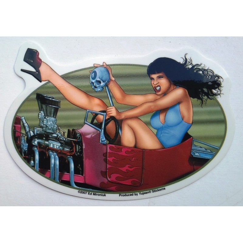 Sticker Pin Up Brünette und Hot Rod Cabriolet Aufkleber Rock
