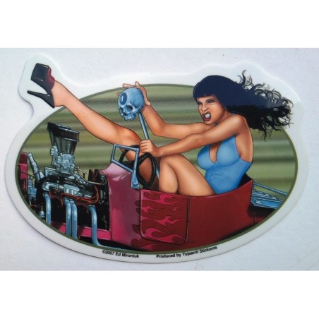 Sticker Pin Up Brünette und Hot Rod Cabriolet Aufkleber Rock
