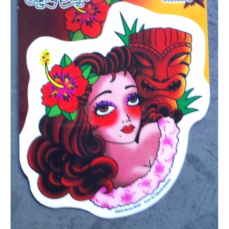 Sticker Pin Up Rousse Fleur Cheveux et Tiki Autocollant Rock
