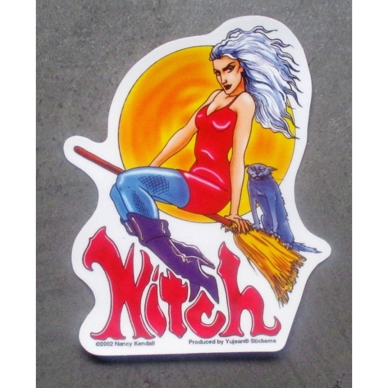 Sticker Sorcière sur son Balai - Autocollant Rock Halloween
