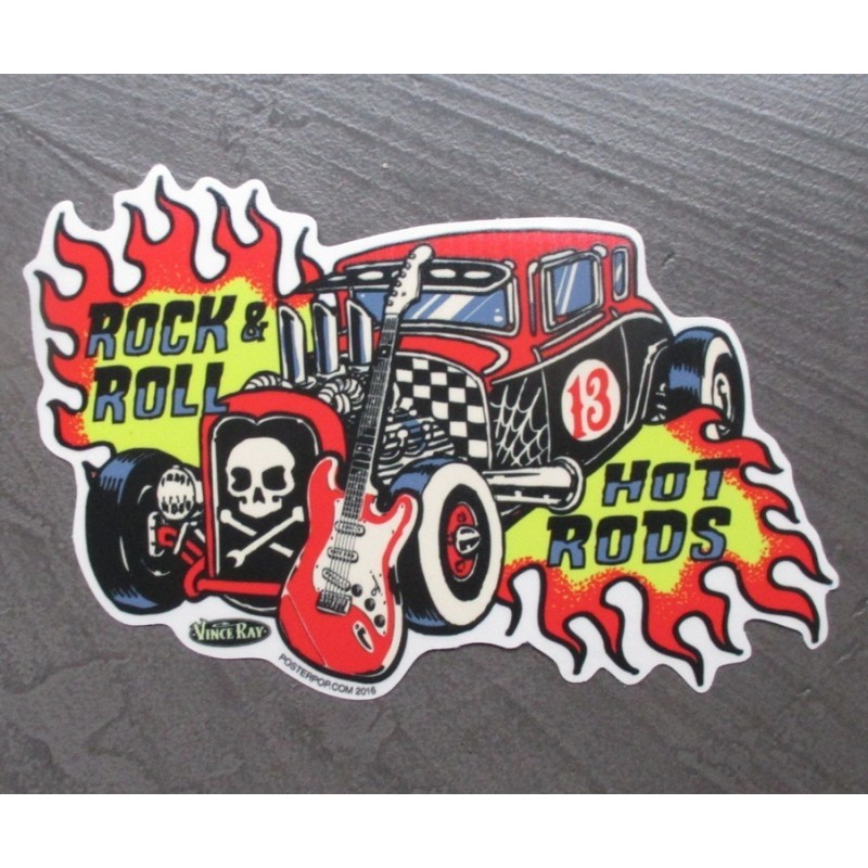 sticker hot rod noir rouge et rock roll guitare autocollant
