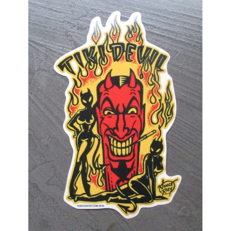 Sticker diable tiki rouge avec flammes jaunes
