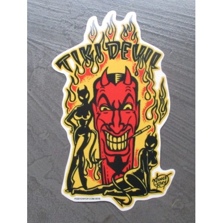 Sticker diable tiki rouge avec flammes jaunes
