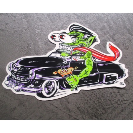 Sticker Monstre Vert, Cadillac Noire Cabriolet, Rat Fink - Autocollant Transparent

