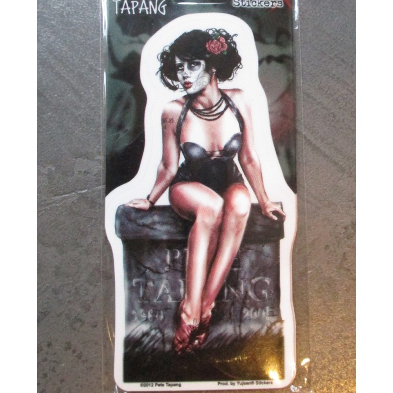 Sticker Pin Up Tod im schwarzen Korsett sitzend Tattoo-Stil Aufkleber
