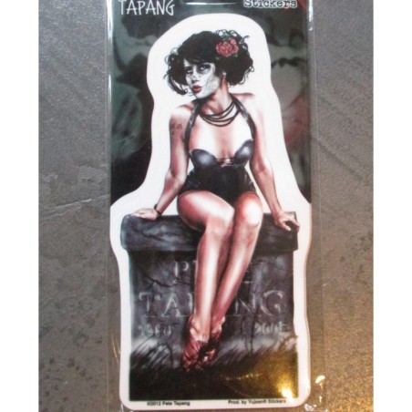 Sticker Pin Up Tod im schwarzen Korsett sitzend Tattoo-Stil Aufkleber
