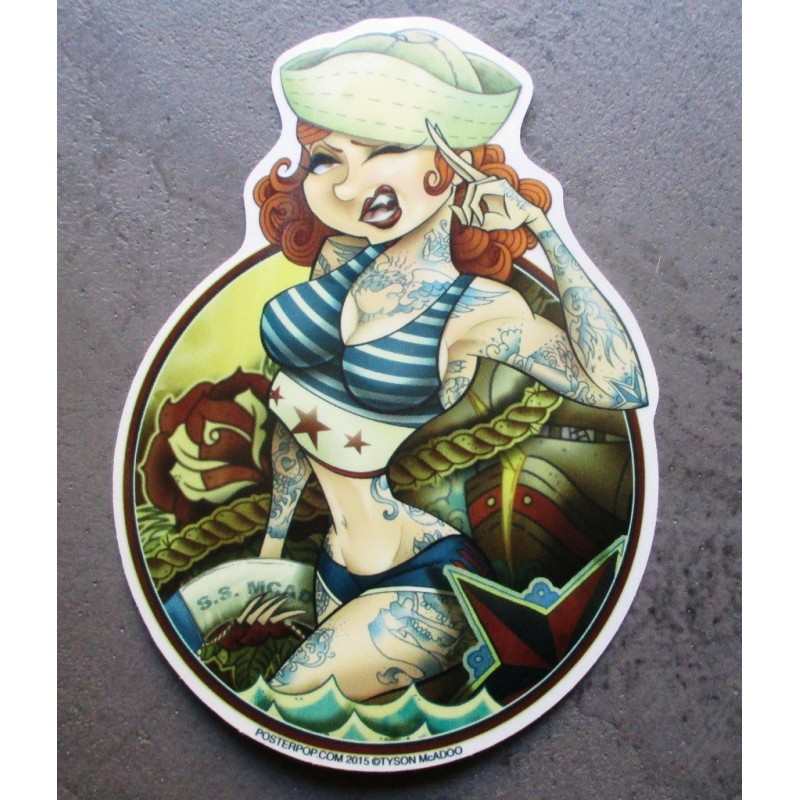 Sticker Pin-Up Marin Sexy Rousse Tatouée Autocollant Kustom
