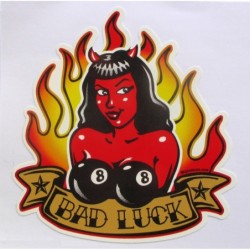 Sticker Diablesse Flammes, Soutien-gorge 8 Ball, 9.5x9cm - Bigdaddyjo Autocollant Blanc