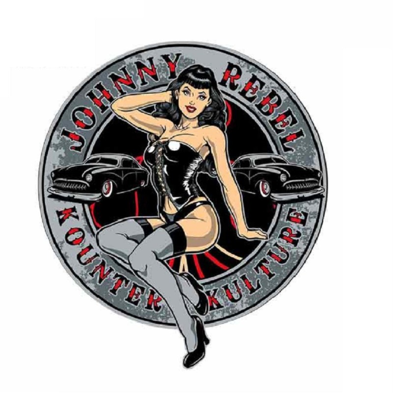 Aufkleber Pin Up Brünette im Korsett Johnny Rebal Kustom Kounter Kulture 12x11cm Autoaufkleber Hot Rod Deko Garage