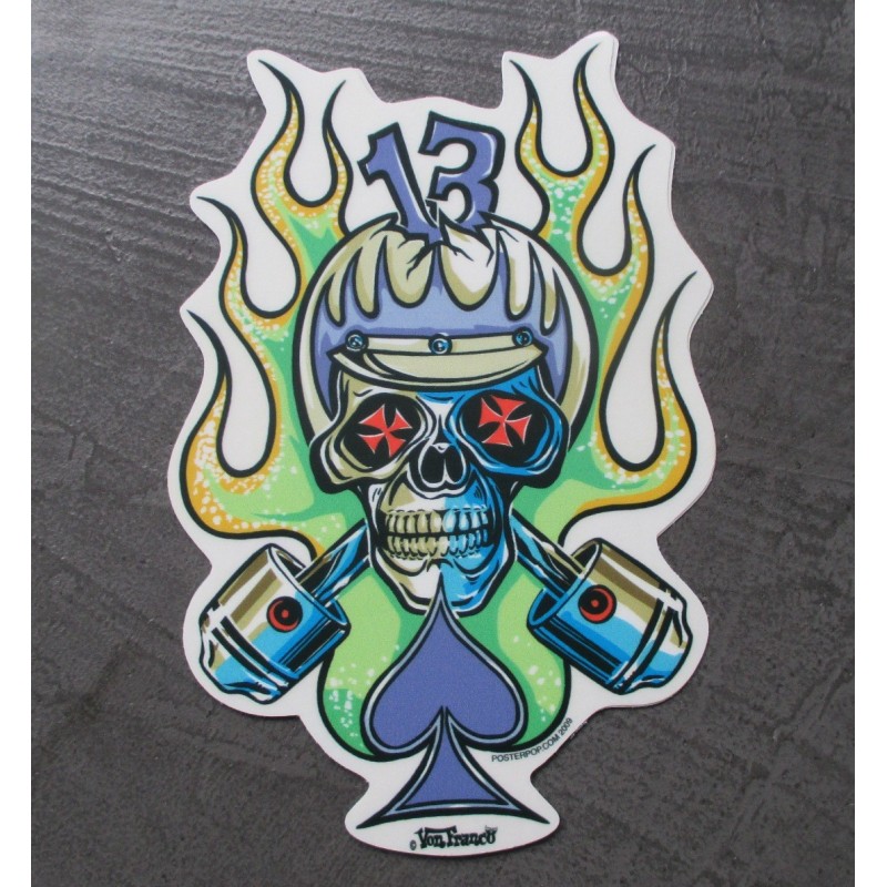 Aufkleber Kran mit Helm, Kolben, gekreuzten Flammen und Pik-Ass, 15,5x10,5 cm, Aufkleber des Künstlers Von Franco