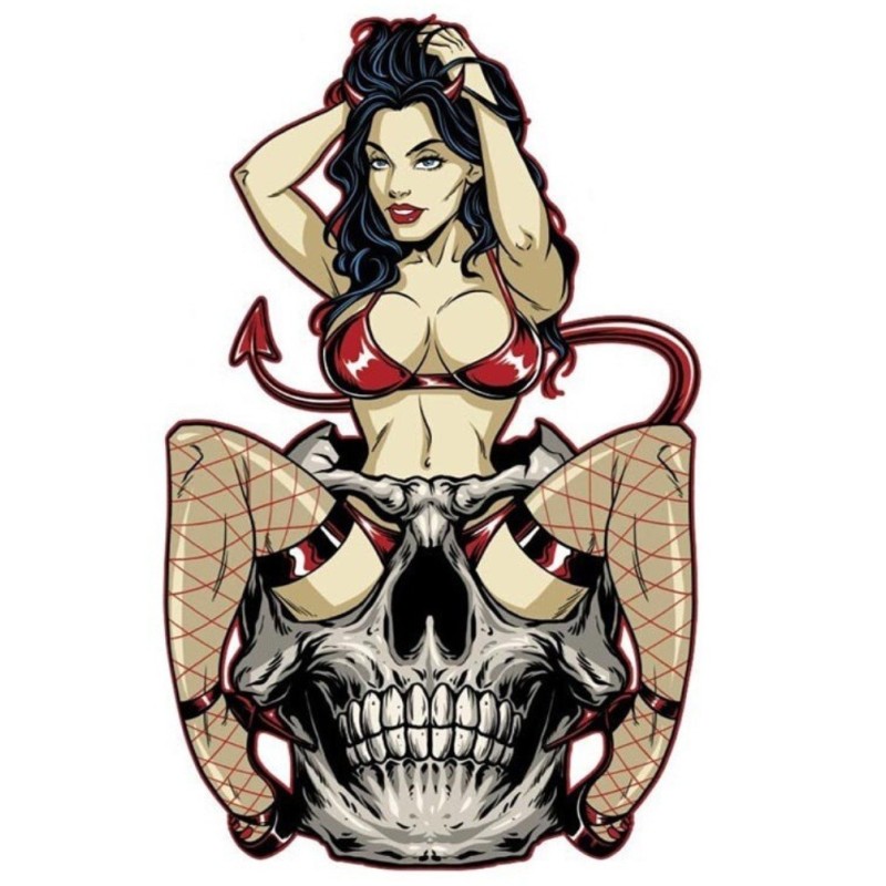 Aufkleber Teufelsmädchen, brünett, sexy, in einem Totenkopf 13 x 8 cm, selbstklebend
