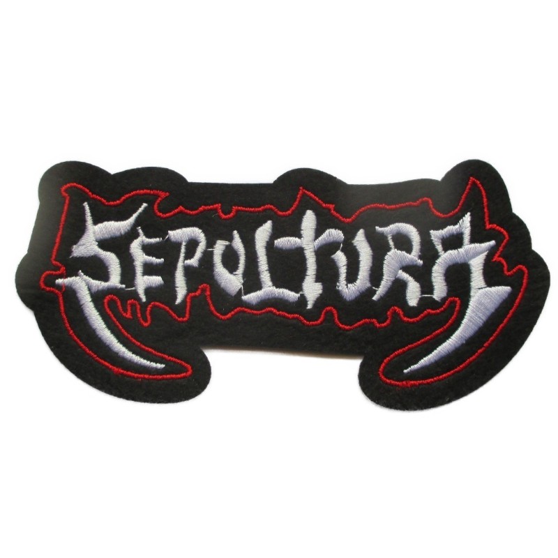 patch groupe hard rock Sepultura noir rouge blanc 13.5x6.5 cm écusson thermocollant
