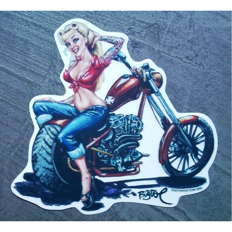Sticker Pin Up Blondine und braunes Motorrad Biker USA Aufkleber
