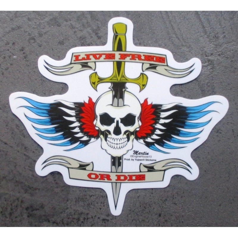 Aufkleber Lebe frei oder stirb, Totenkopf und Schwert Rockabilly