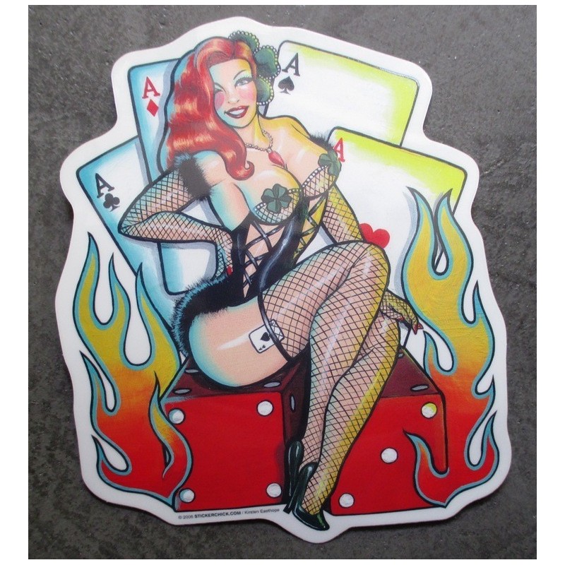 Sticker Pin Up Lady Luck Sexy Rot Flammen Aufkleber
