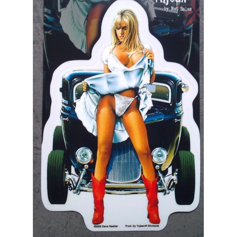 Aufkleber Pin Up Blondine und Hot Rod Schwarz Sexy Autoaufkleber

