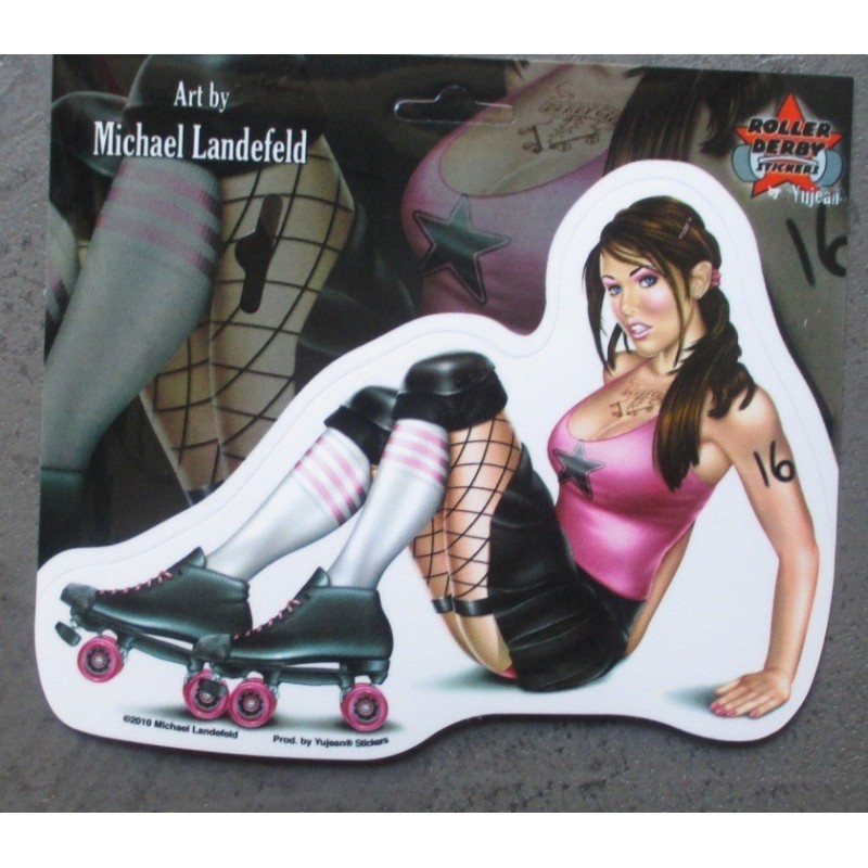 Sticker Pin-Up Brune Sexy en Patins à Roulettes Assise - Autocollant
