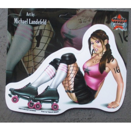 Sticker Pin-Up Brune Sexy en Patins à Roulettes Assise - Autocollant
