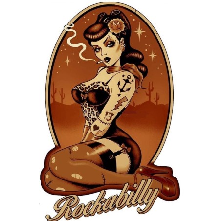 Mini sticker pin up tatouée inscription rockabilly 9x6.5cm autocollant look année 50 rock'n'roll
