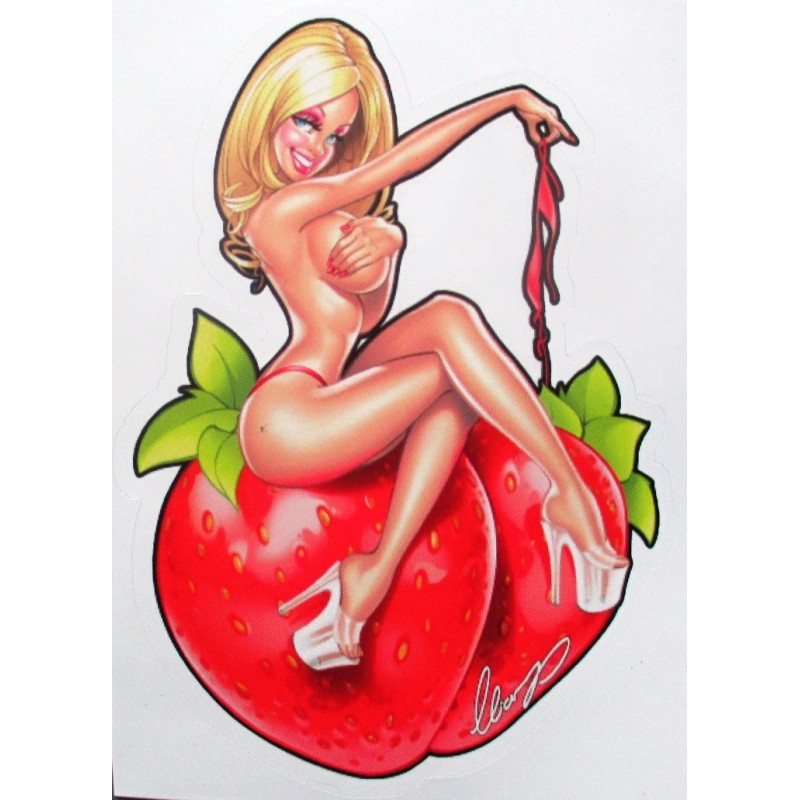 Sticker Pin-up Assise sur un Fruit Rouge 10x7cm Autocollant Fond Blanc