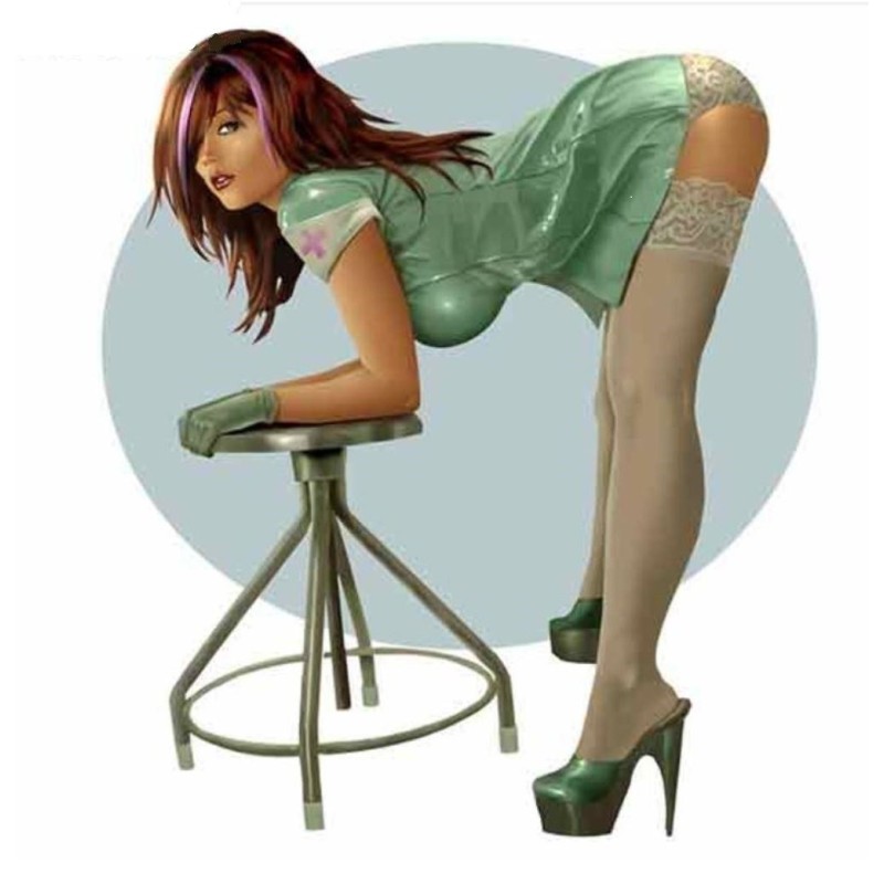 Sticker Pin-up et Tabouret Infirmière en Blouse Verte Sexy 12.5x11 cm Autocollant
