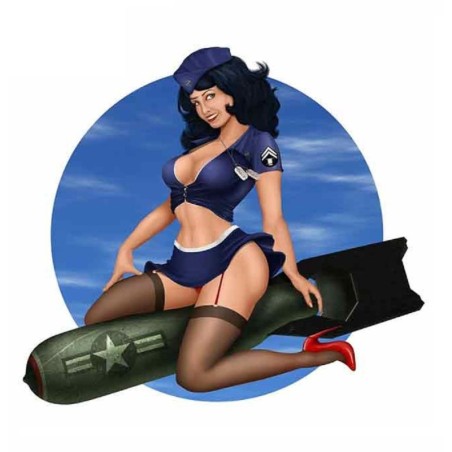 Aufkleber, dünn, Pin-up-Girl, Militär, auf blauer, runder Bombe, 13x11 cm, selbstklebend
