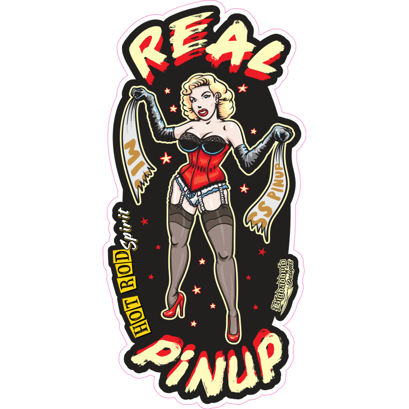 Aufkleber schlanke echte Pin-up-Blondine, die eine Miss Pinup-Schärpe zerreißt 13,5x6,5 cm Abziehbild Aufkleber
