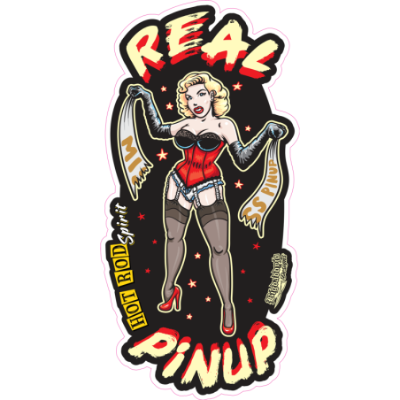Aufkleber schlanke echte Pin-up-Blondine, die eine Miss Pinup-Schärpe zerreißt 13,5x6,5 cm Abziehbild Aufkleber
