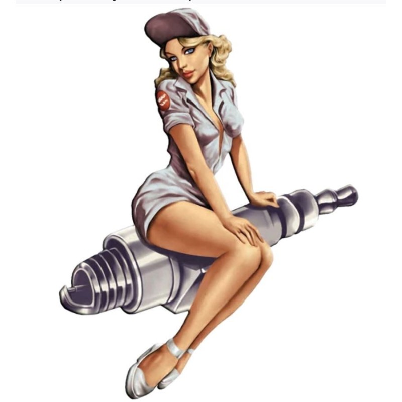 Sticker Pin Up Mécanicienne en Tenue Grise et Bougie d'Allumage 13x10cm - Autocollant Sexy
