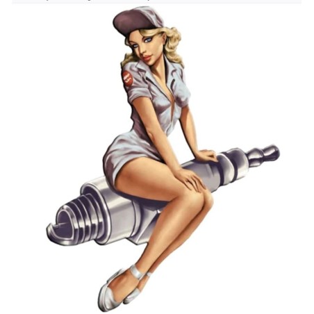 Sticker Pin Up Mécanicienne en Tenue Grise et Bougie d'Allumage 13x10cm - Autocollant Sexy