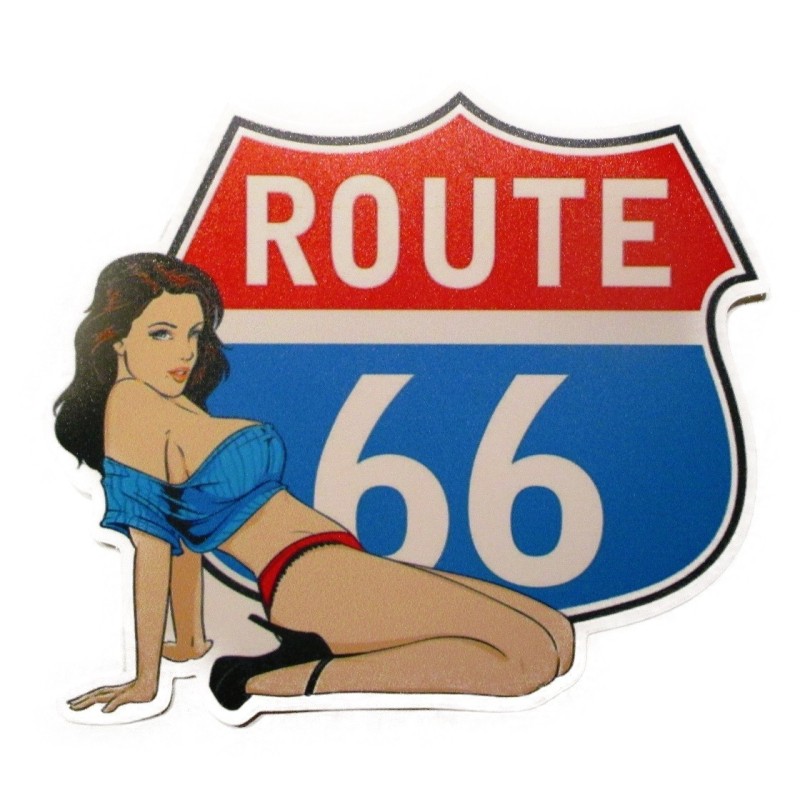 Sticker pin up sexy blason Route 66 bleu et rouge 13x15,5 cm autocollant
