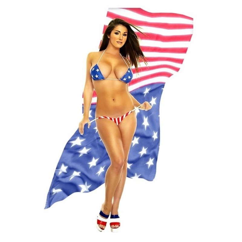 Aufkleber, schlanke, brünette Pin-up vor der US-Flagge, 13 x 8,5 cm, selbstklebend
