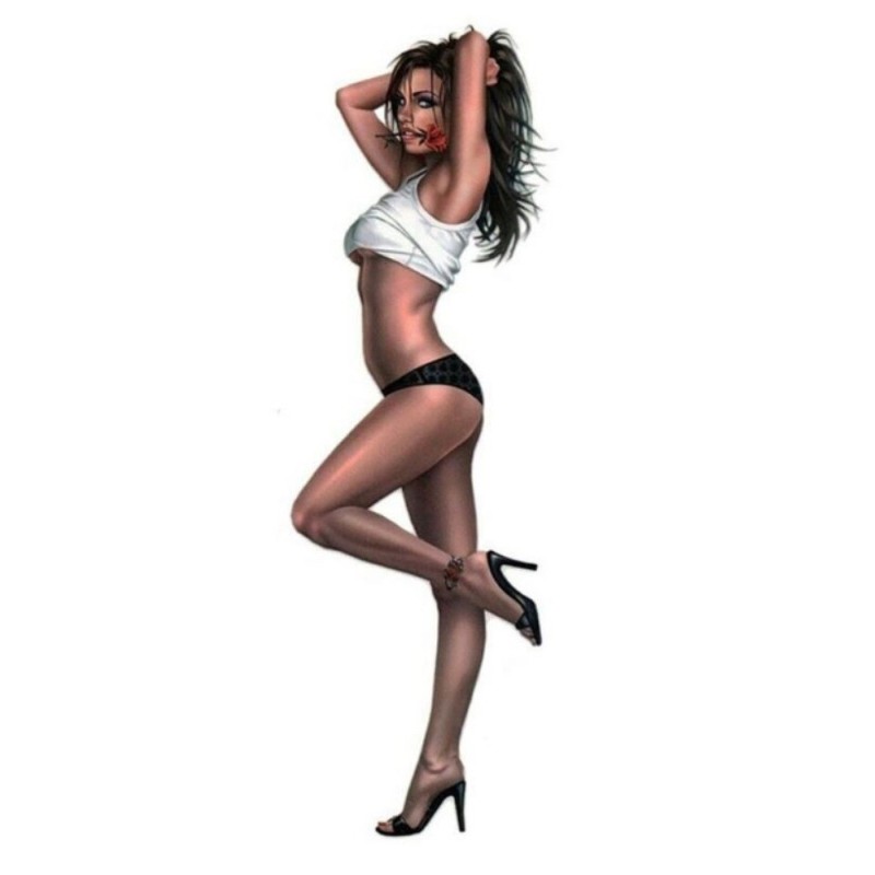 autocollant pin-up brune, mini t-shirt blanc, fleur à la bouche, 13 x 4,5 cm
