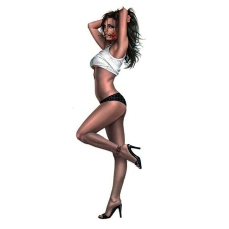 autocollant pin-up brune, mini t-shirt blanc, fleur à la bouche, 13 x 4,5 cm
