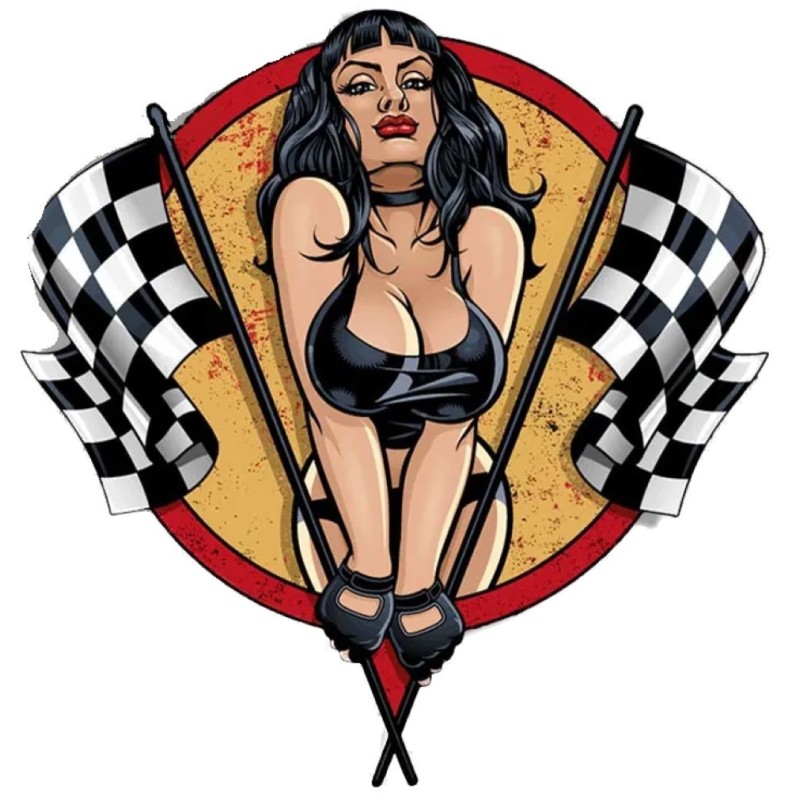 Aufkleber schlanke Brünette Pin-up zwischen 2 Zielflaggen 13x12,5 cm
