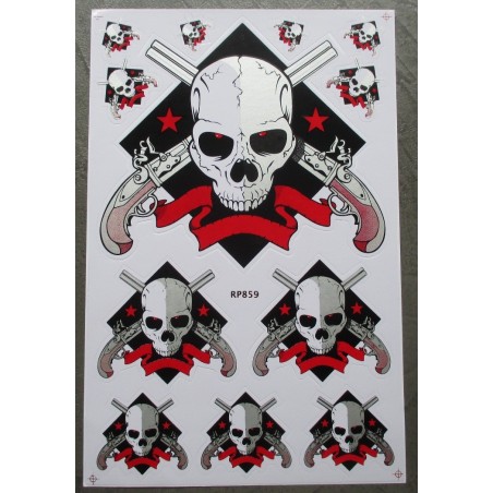 Planche de Stickers Crâne Vieux Pistolet - Autocollant Skull
