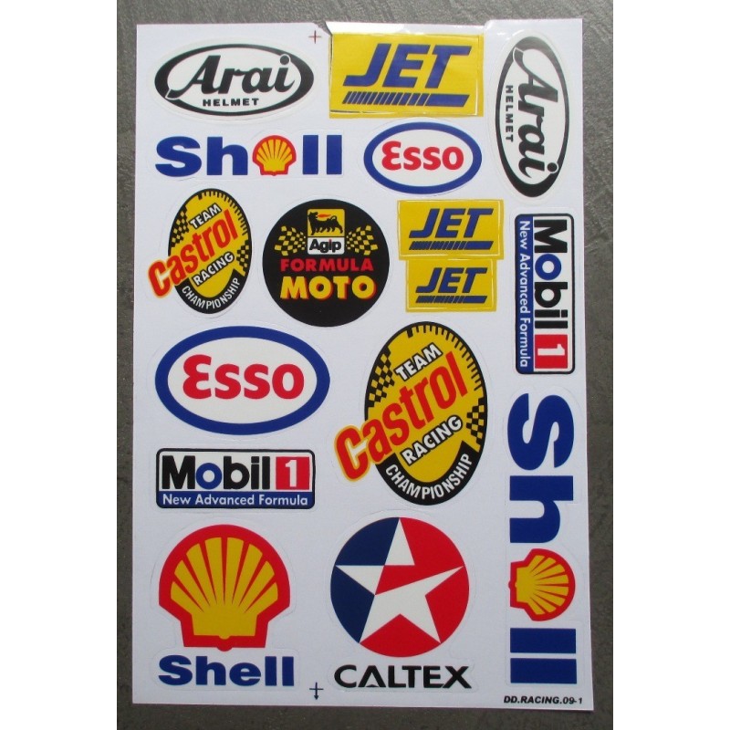 planche de stickers huile divers sponsors Esso Mobil autocollant
