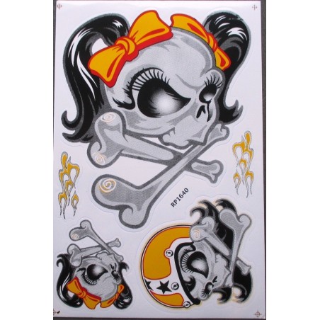 Planche de stickers crâne fillette autocollant rockabilly
