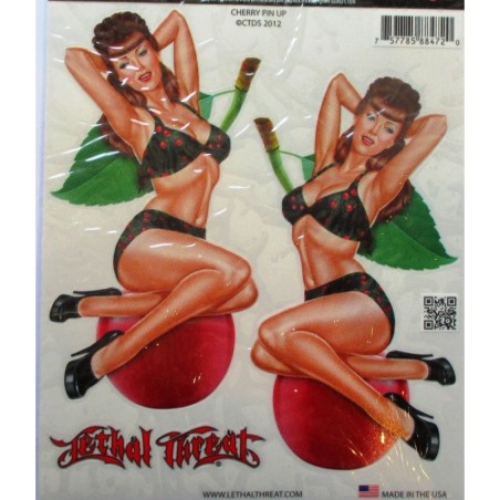 Planche de 2 stickers pin-up brune assise sur une cerise - Autocollants fond transparent
