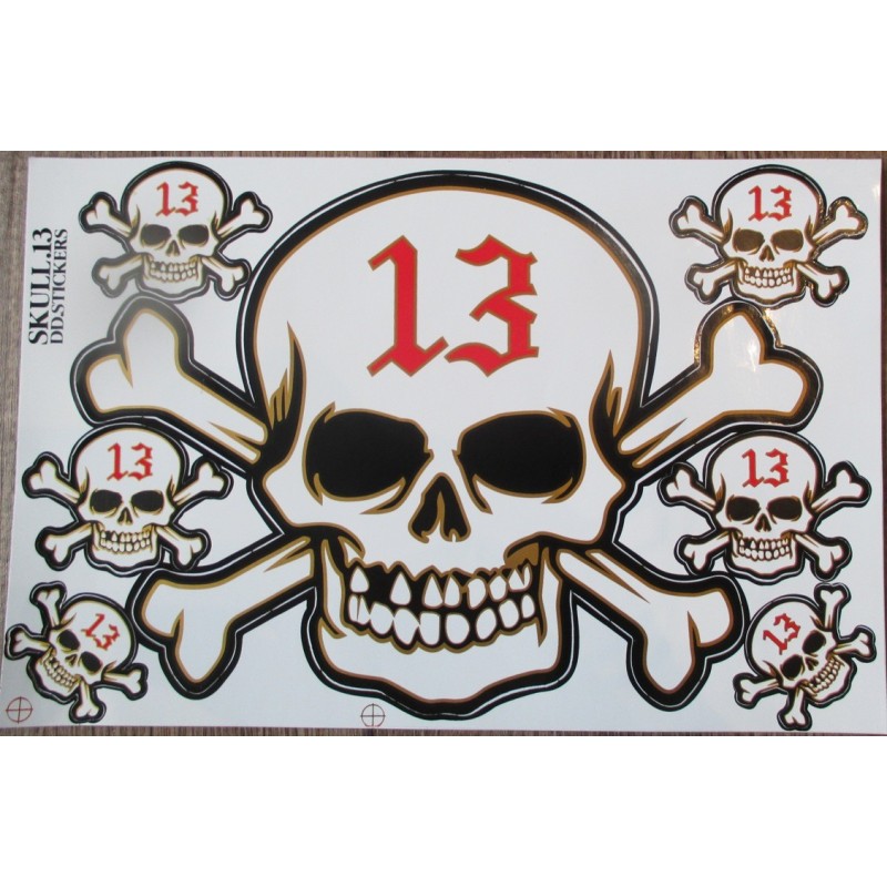 Planche de stickers crâne 13 rouge autocollant pirate biker
