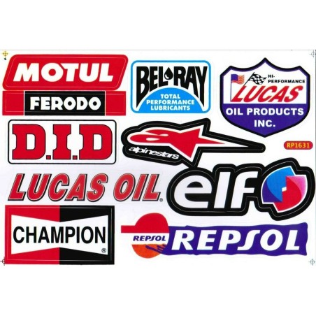 planche d'autocollants Motul Ferodo Bel-Ray Lucas Elf Repsol Champion
