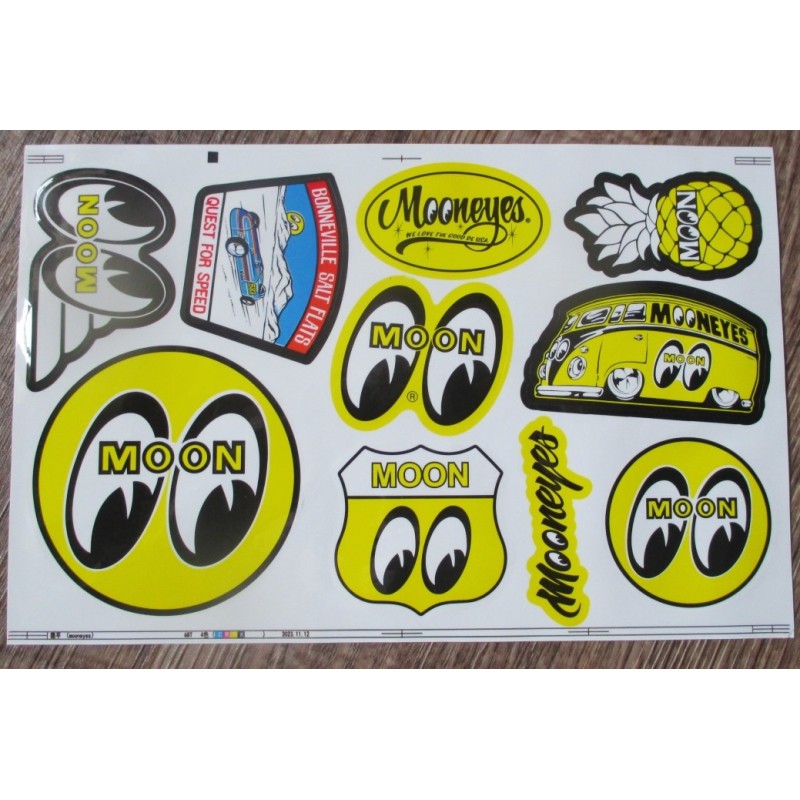 Planche de 10 Stickers Moon Hot Rod 21x14 cm Autocollant Mooneyes Déco Voiture Garage
